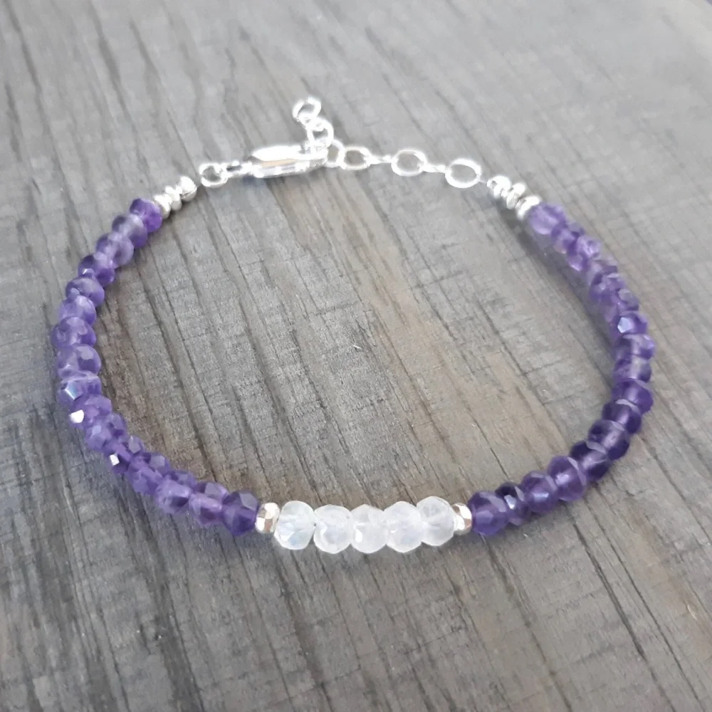 Amethyst & Rainbow Moonstone bracelet purple Genuine Gemstone sterling silver - Picture 1 of 3